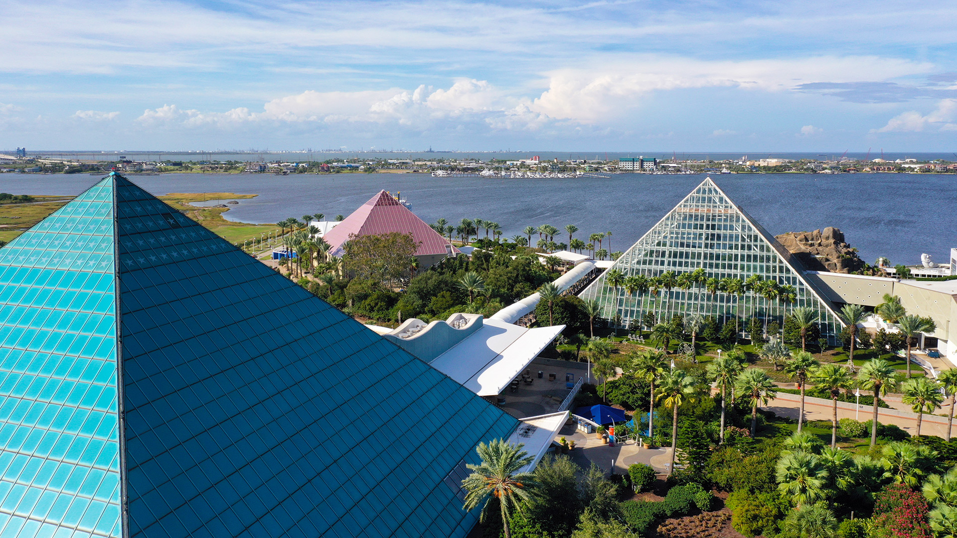 Aerial view of Moody Gardens and Galveston, Texas