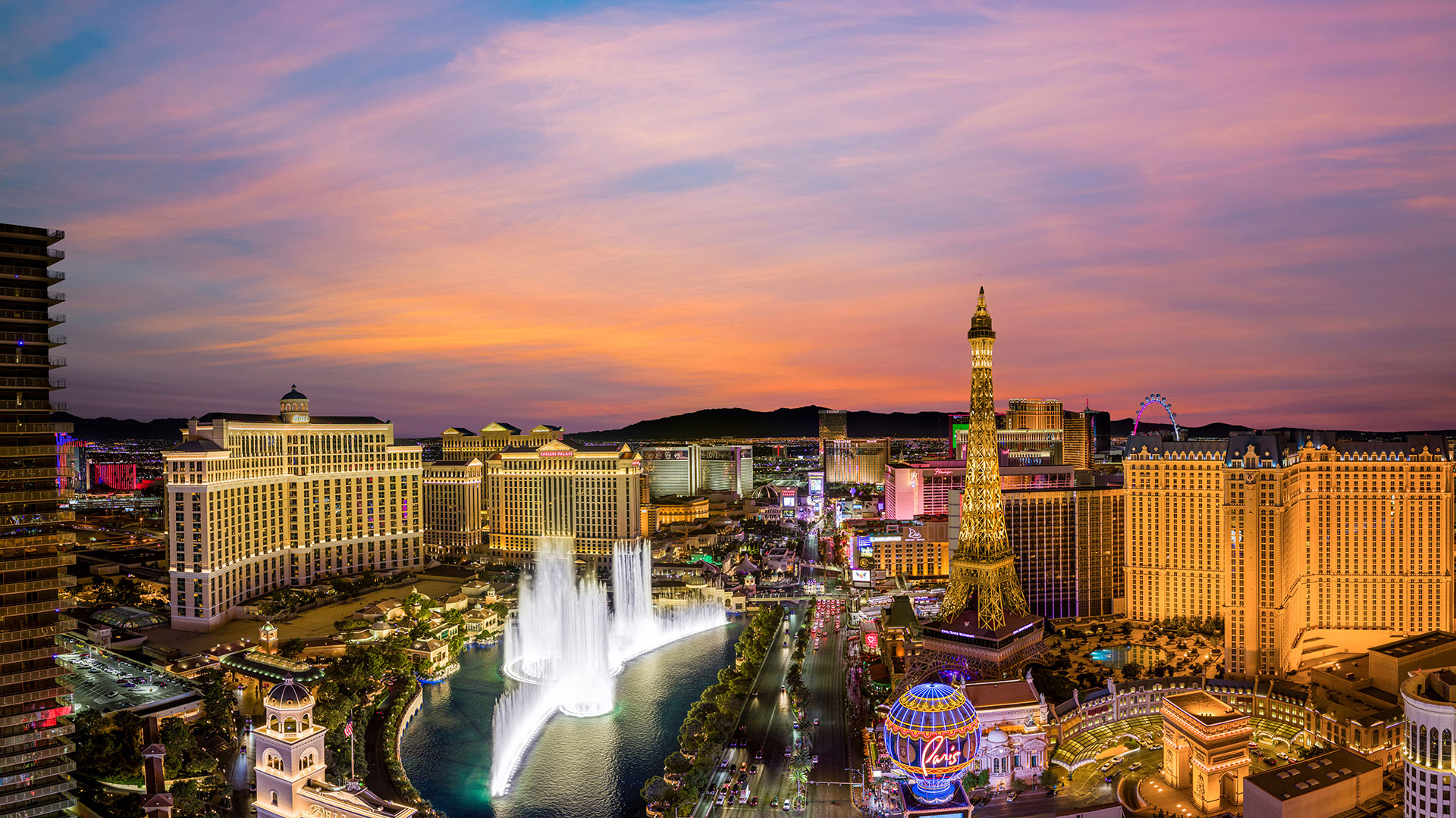View of South Las Vegas Boulevard at dusk in Las Vegas, Nevada.