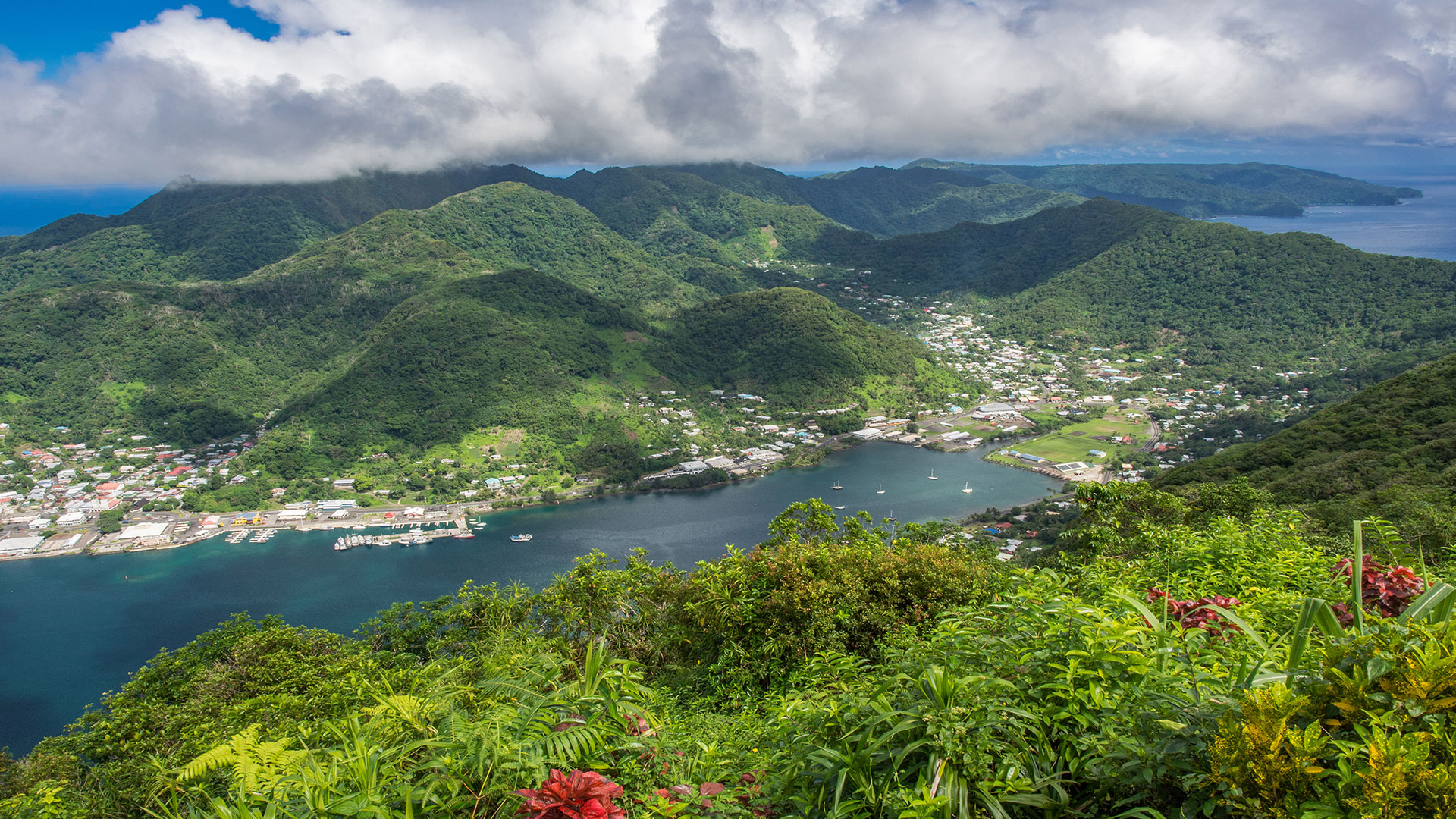 Aerial of the Pago Pago village and harbor in American Samoa