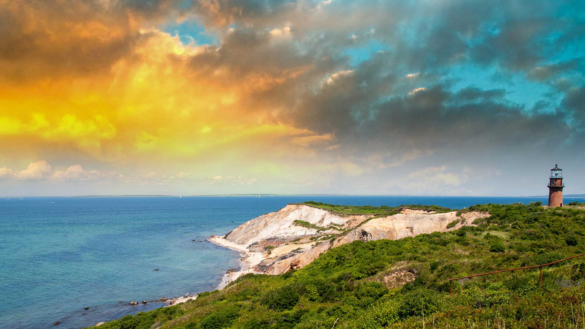 Coastal lighthouse sunset on Martha’s Vineyard in the Cape Cod region of Massachusetts