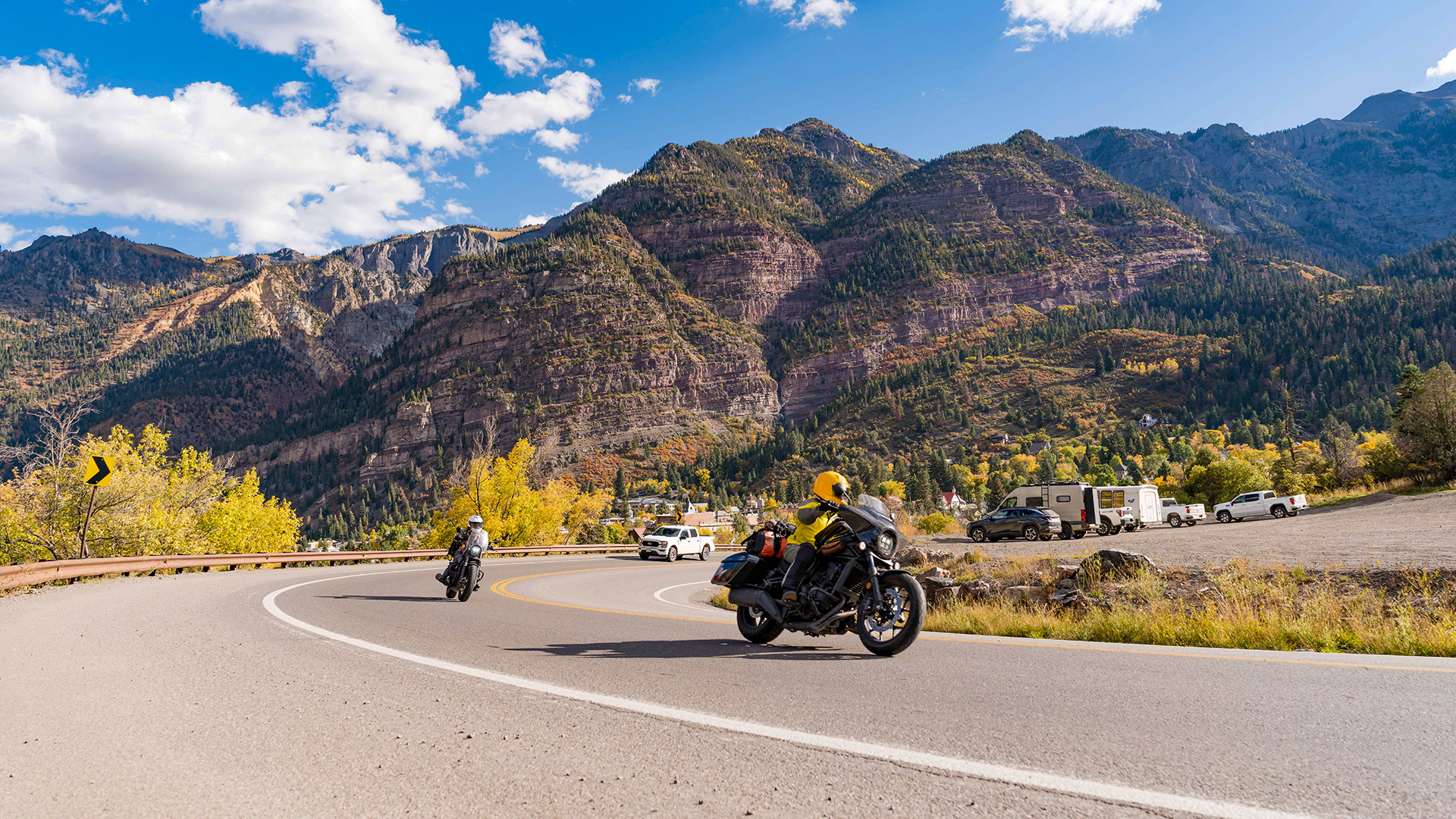 Motorcyclists on the Million Dollar Highway near Ouray, Colorado; Credit: Trav Perk