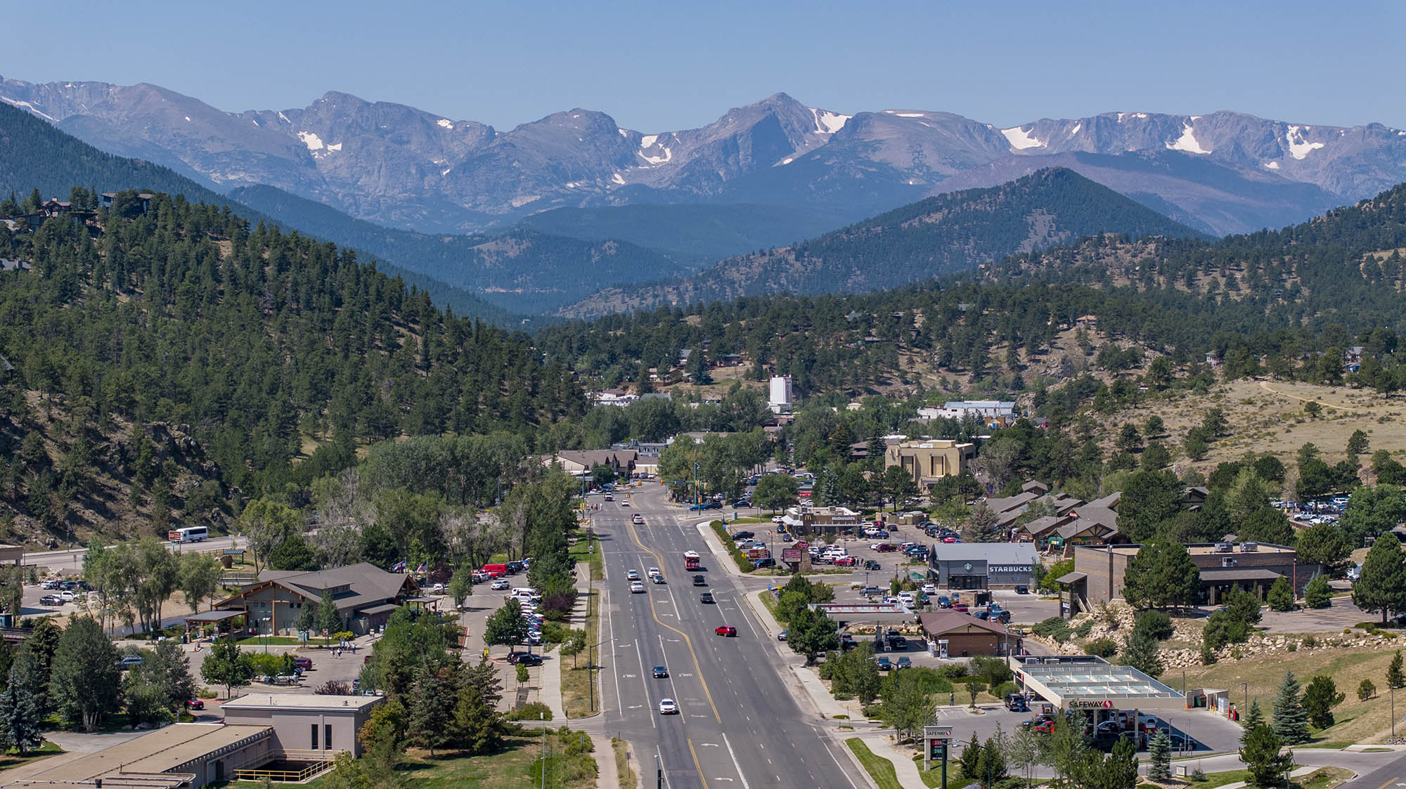 Aerial view of downtown Estes Park, Colorado; Credit: Visit Estes Park
