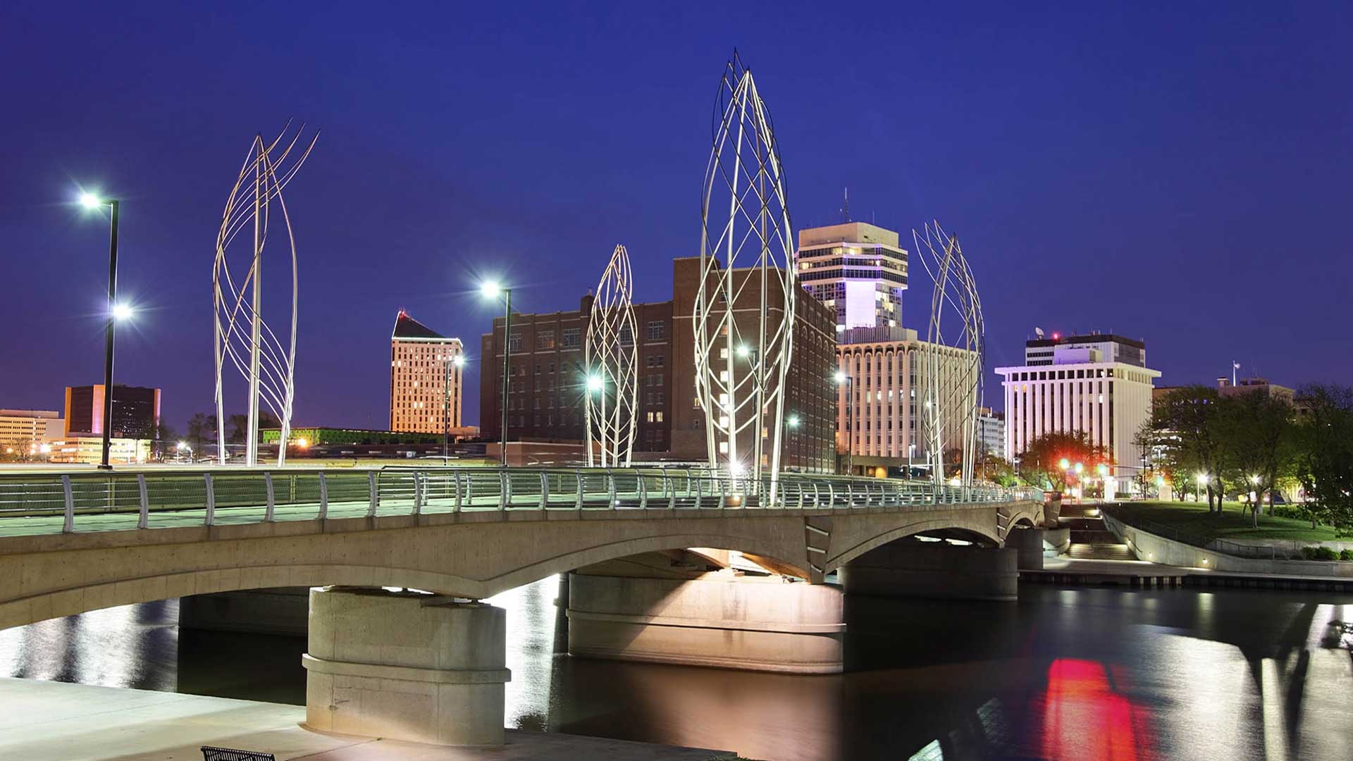 Steel sculptures atop the Lewis Street Bridge in Wichita, Kansas