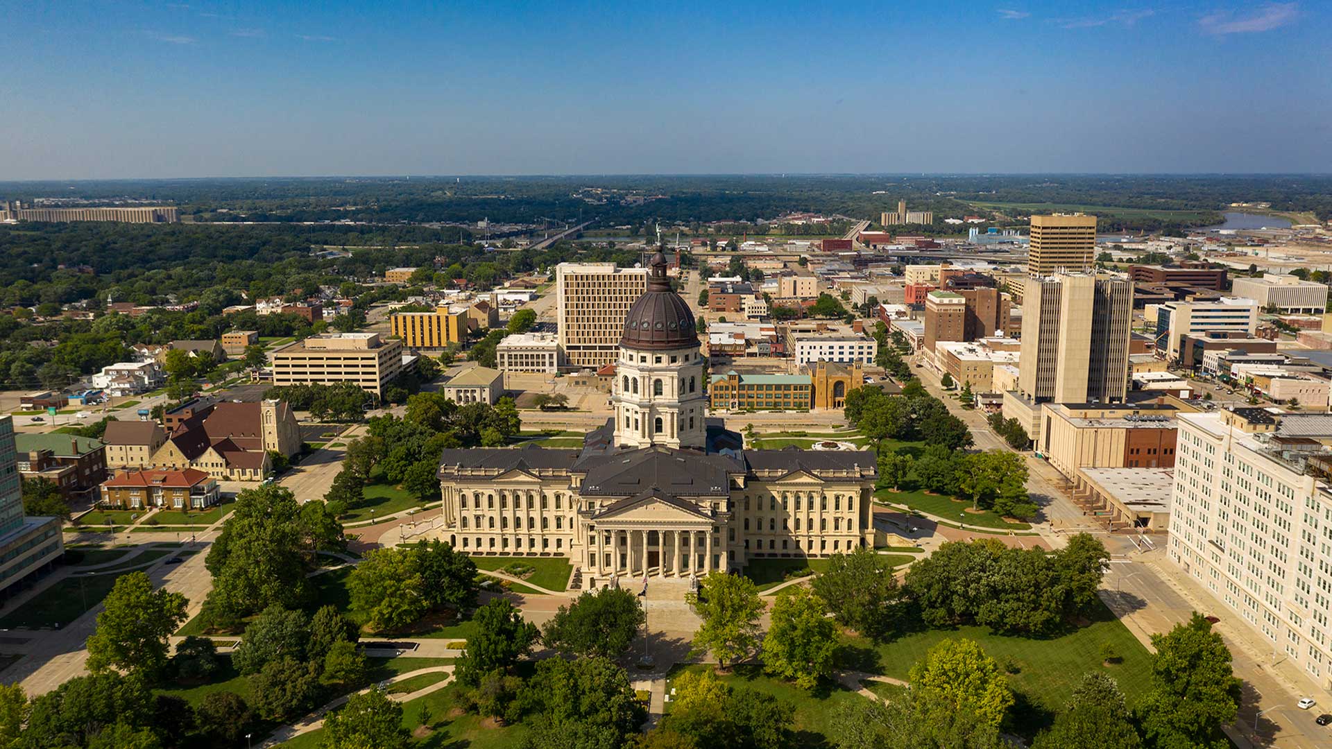 Aerial view of the Capitol Building and surrounding areas of Topeka, Kansas