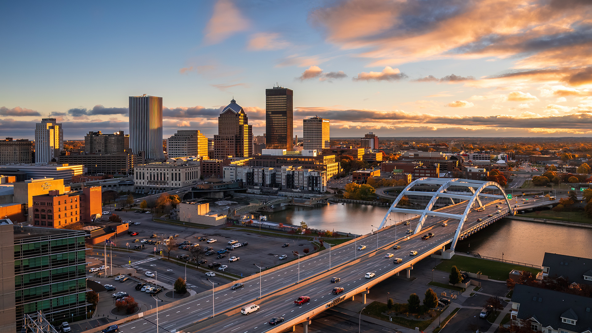 Aerial view of the Rochester, New York, skyline; Credit: Jonathan Spurr