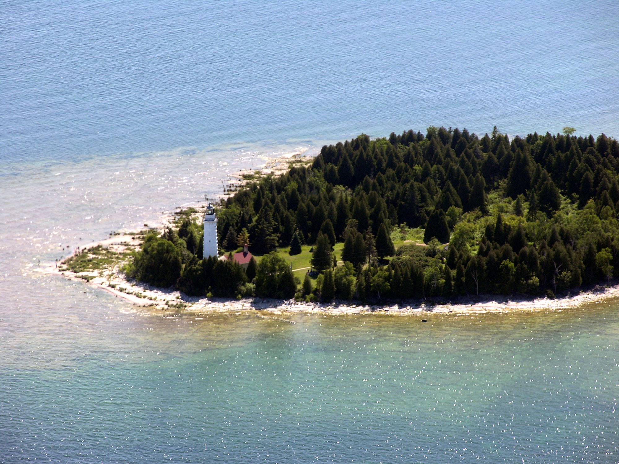 Aerial of Cana Island and its historic lighthouse in Door County, Wisconsin
