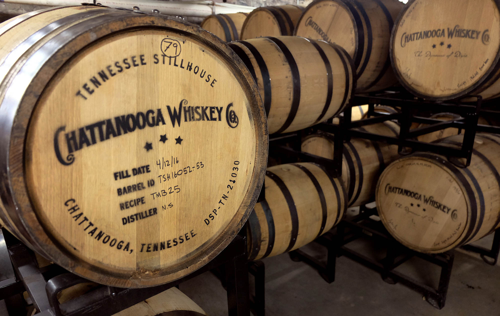 Whiskey barrels at the Chattanooga Whiskey Experimental Distillery in Chattanooga, Tennessee; Credit: Raphael Tensch/Tennessee tourism