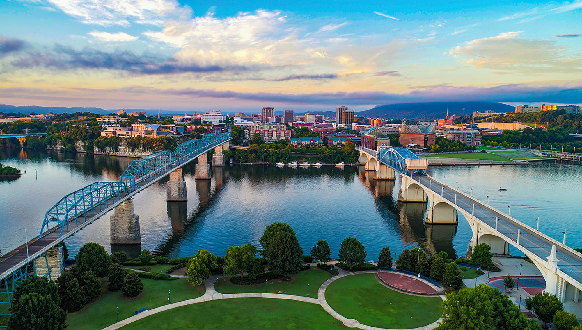 Aerial view of downtown Chattanooga, Tennessee, overlooking Coolidge Park and the Tennessee River; Credit: Chattanooga Visitors Bureau