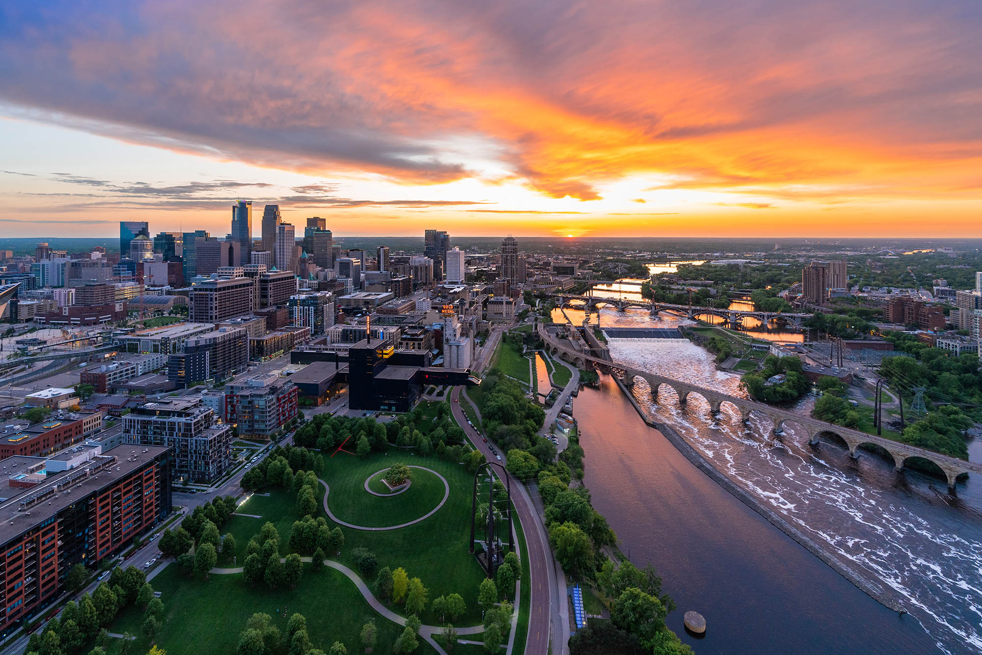 Sunset over the Mississippi River in Minneapolis, Minnesota; Credit: Meet Minneapolis