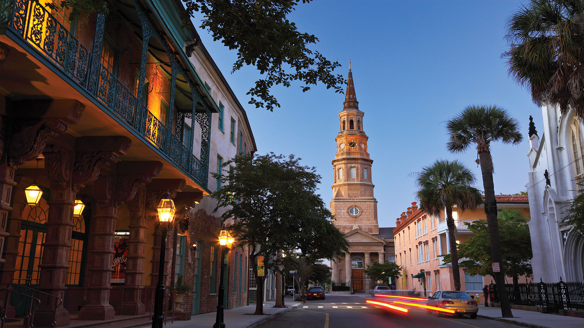 St. Philip’s bell tower at dusk in the French Quarter neighborhood of Charleston, South Carolina