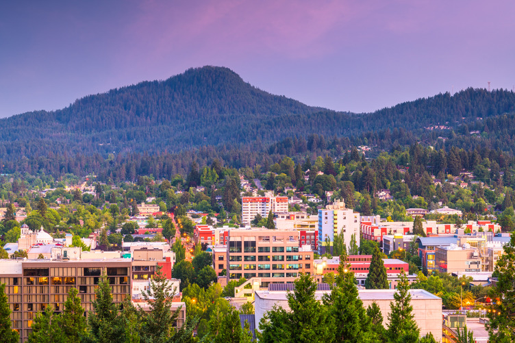 Downtown cityscape at dusk in Eugene, Oregon