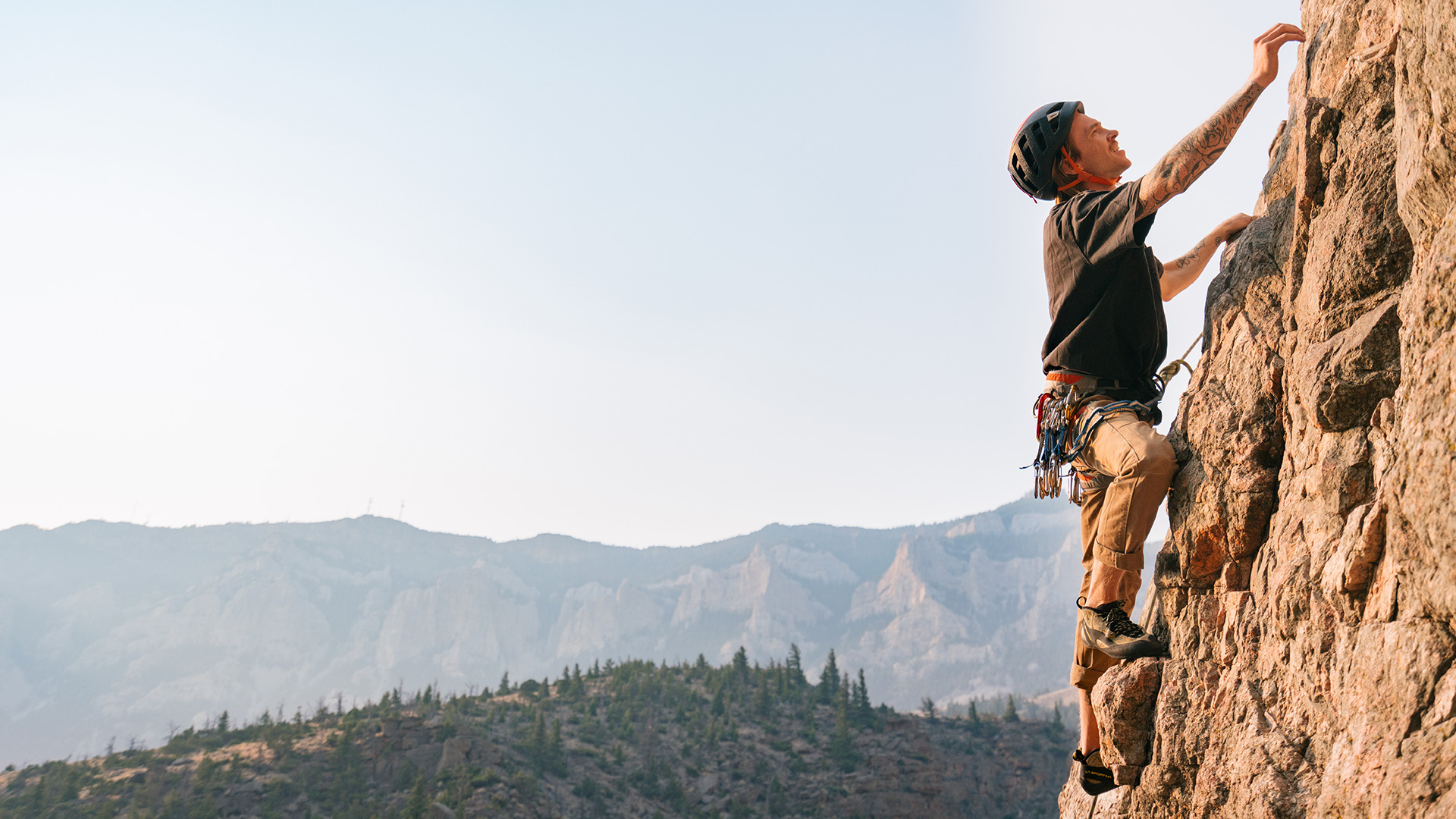 Rock climber ascending a climb in the Shoshone National Forest in Wyoming’s Park County