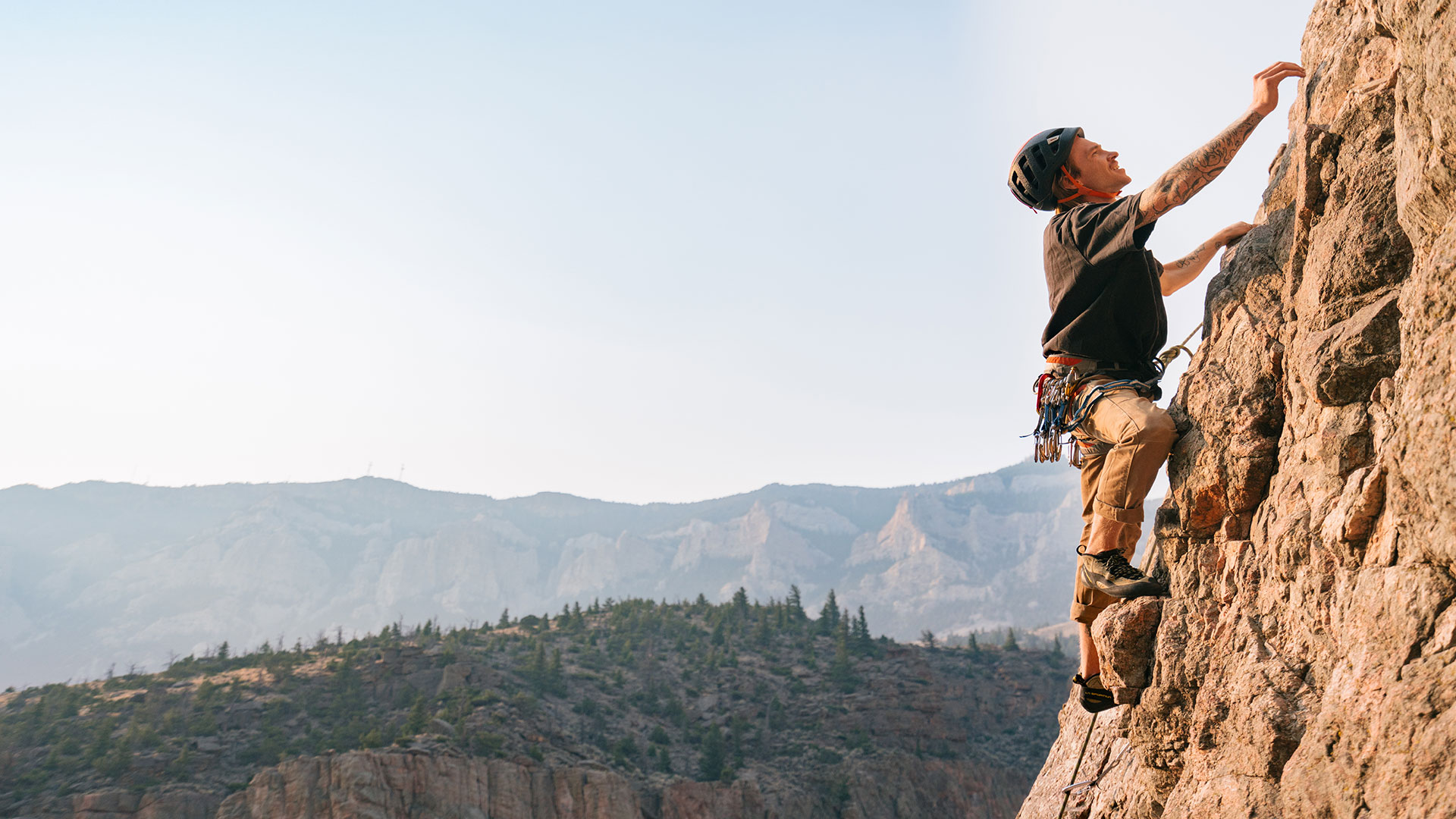Rock climber ascending a climb in the Shoshone National Forest in Wyoming’s Park County